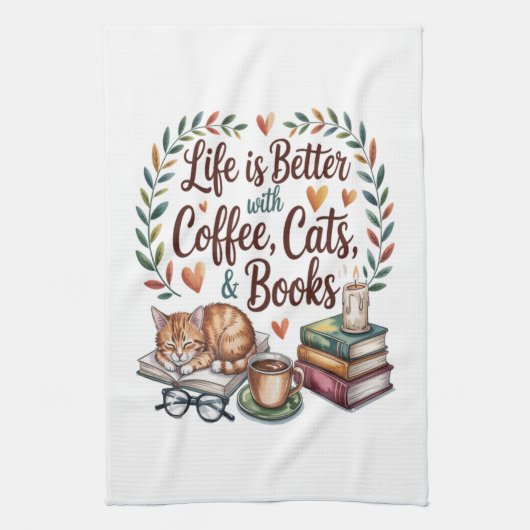 コーヒー 猫 本のある暮らし キッチンタオル (縦)