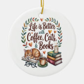 コーヒー 猫 本のある暮らし セラミックオーナメント (正面)