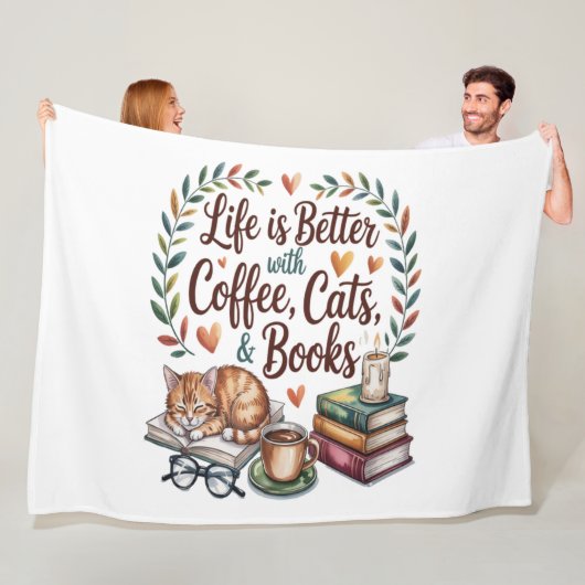 コーヒー 猫 本のある暮らし フリースブランケット (インサイチュ)