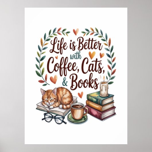 コーヒー 猫 本のある暮らし ポスター (正面)