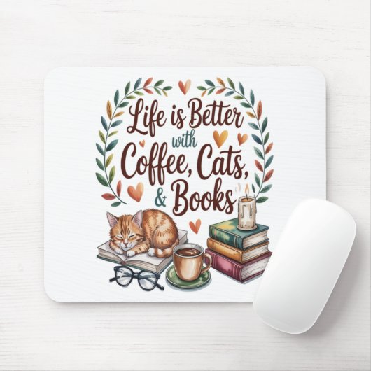 コーヒー 猫 本のある暮らし マウスパッド (マウス)
