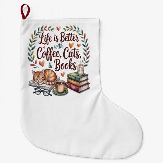 コーヒー 猫 本のある暮らし ラージクリスマスストッキング (正面)