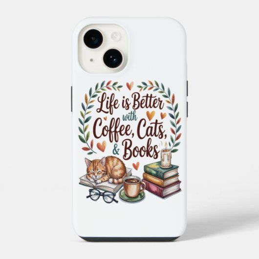 コーヒー 猫 本のある暮らし iPhoneケース (裏面)