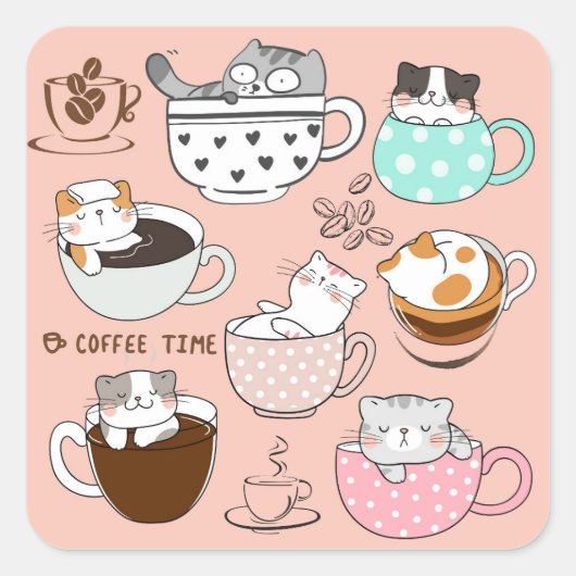  コーヒー 猫 楽しい スクエアシール (正面)