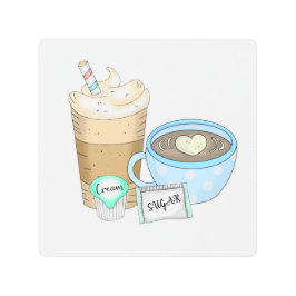 コーヒー、砂糖、クリームの手描きアート メタルプリント