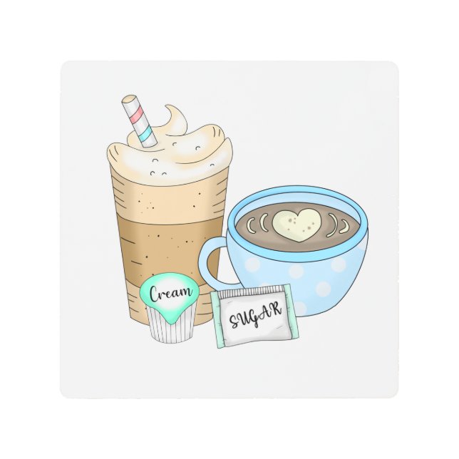 コーヒー、砂糖、クリームの手描きアート メタルプリント (正面)