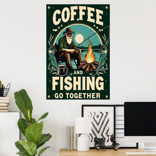 コーヒー&魚釣りが一緒に行く ポスター (ホームオフィス)