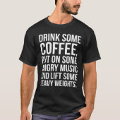 コーヒ怒ー、音楽、重い重量 – おもしろいトレーニング Tシャツ (正面)