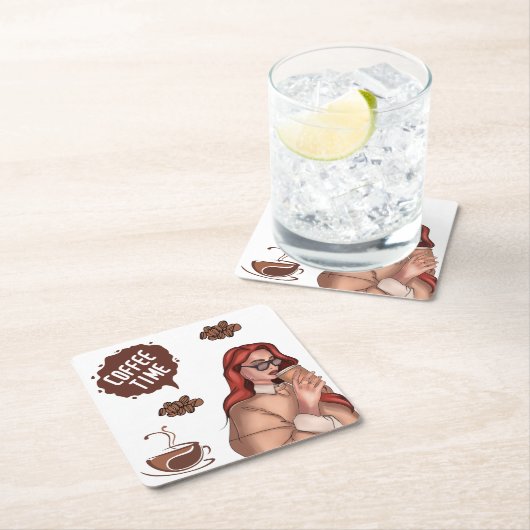 コーヒ素朴ーのイラストレーションカプチーノブラウン スクエアペーパーコースター (インサイチュ)