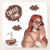 コーヒ素朴ーのイラストレーションカプチーノブラウン スクエアペーパーコースター (正面)
