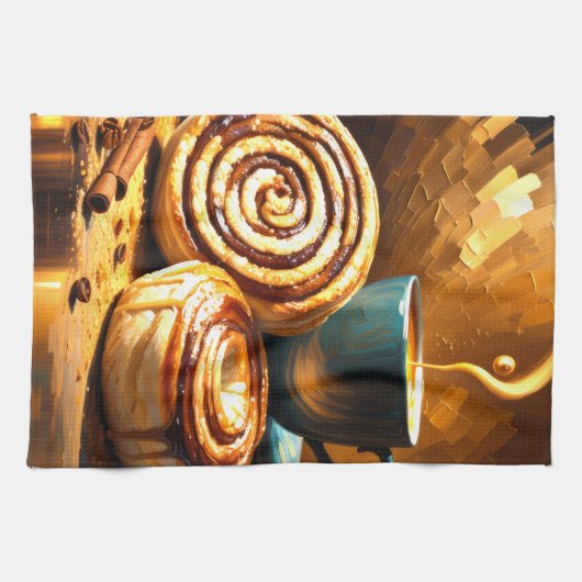 コーヒ絵を描ーカップとシナモンの転が抽象芸術 キッチンタオル (横)