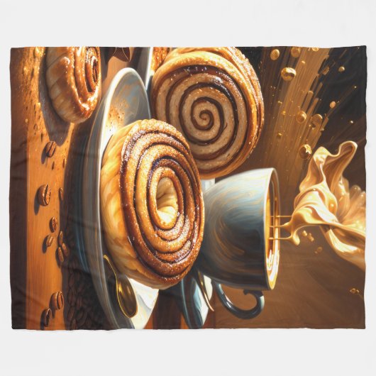コーヒ絵を描ーカップとシナモンの転が抽象芸術 フリースブランケット (正面(横))