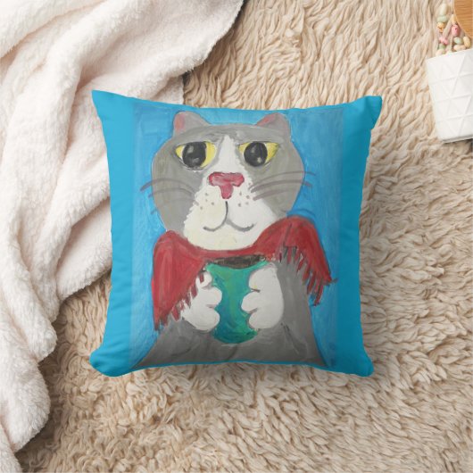 コーヒ絵を描ーフォークアートおもしろい付きグレイ猫 クッション (ブランケット)
