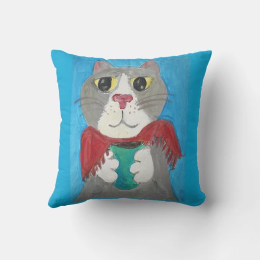 コーヒ絵を描ーフォークアートおもしろい付きグレイ猫 クッション (裏面)