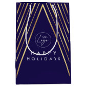 コーポレートロゴ ネイビー ゴールド ジオメトリック クリスマスツリー ミディアムペーパーバッグ (正面)