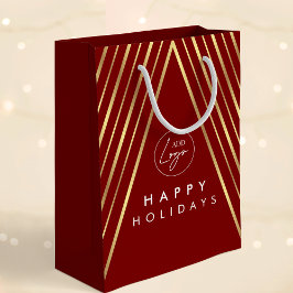 コーポレートロゴ レッド＆ゴールドの幾何学的なクリスマスツリー ミディアムペーパーバッグ