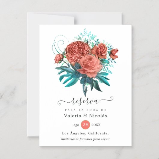 コーラスペインのル&ティール（緑がかった色）フローラ結婚式の日付を保存 マグネット招待状 (正面)