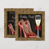 コーラス 赤 ハイヒール 靴 ヒョウ柄 誕生日 招待状 (正面/裏面)