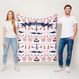 コーラパーソナライズされたー航海のネイビーホエールロープバナー フリースブランケット