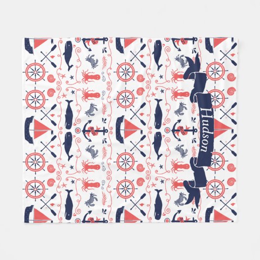 コーラパーソナライズされたー航海のネイビーホエールロープバナー フリースブランケット (正面(横))