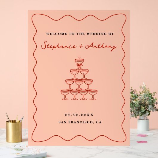 コーラルお洒落&さくらんぼレッドシャンパーニュ結婚ーズ アクリルサイン (ウェディング)