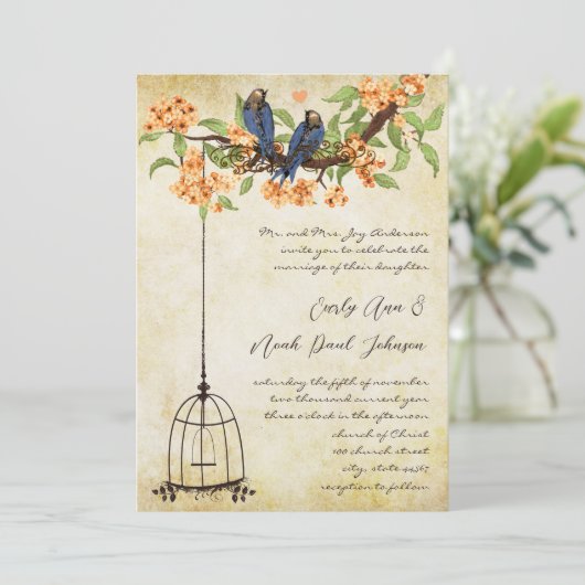 コーラルさくらんぼブロッサムラティスバードケ結婚ージ 招待状 (スタンド正面)