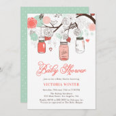 コーラルとアクアぶら下がったのメイソンのジャースベイビーシャワー 招待状 (正面/裏面)