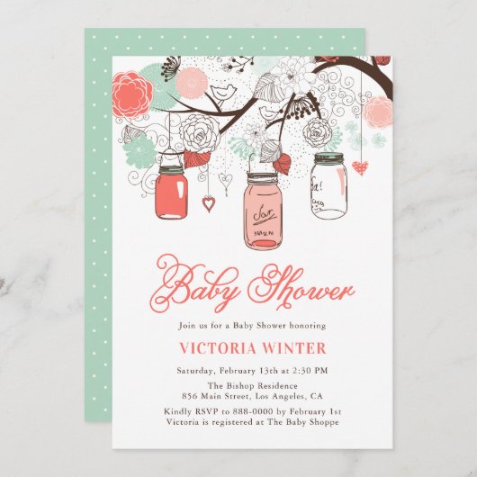 コーラルとアクアぶら下がったのメイソンのジャースベイビーシャワー 招待状 (正面/裏面)