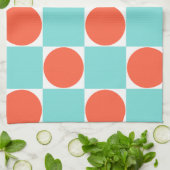 コーラルとアクアサークルチェッカーボード キッチンタオル (折り畳み)