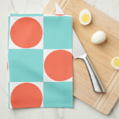 コーラルとアクアサークルチェッカーボード キッチンタオル (四つ折り)