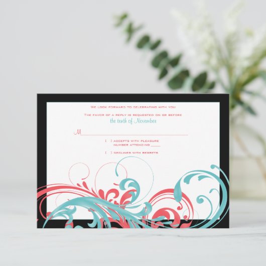 コーラルとアクア フローラル ウェディング 返信カード (スタンド正面)