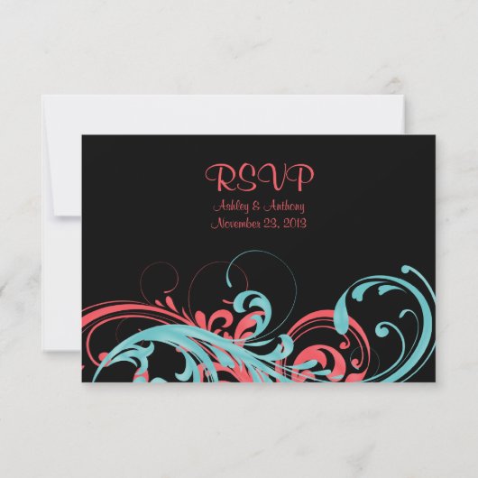 コーラルとアクア フローラル ウェディング 返信カード (裏面)