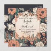 コーラルとクリームのアクセントが付いたシックなフラワーデザイン 招待状 (正面/裏面)
