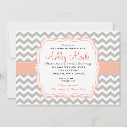 コーラルとグレーのシェブロン招待状 招待状 (正面)