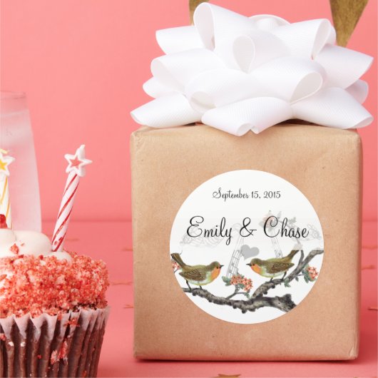 コーラルとグレーのヴィンテージの鳥の結婚式用シール ラウンドシール (パーティー)