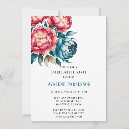 コーラルとターコイズの芍薬 ゴールドの独身最後の夜 招待状 (正面)
