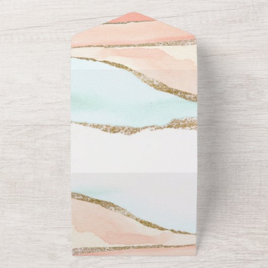 コーラルとターコイズ アルコール インク アゲート ウェディング オールインワン招待状 (外側)