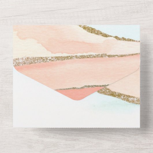 コーラルとターコイズ アルコール インク アゲート ウェディング オールインワン招待状 (裏面)