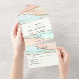 コーラルとターコイズ アルコール インク アゲート ウェディング オールインワン招待状