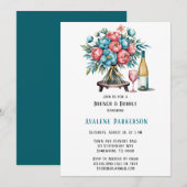 コーラルとティールの芍薬 ゴールド ブランシュ & バブル 招待状 (正面/裏面)