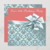 コーラルとティール(緑がかった色)ブルーダマスク50th誕生日パーティー 招待状 (正面/裏面)