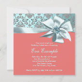 コーラルとティール(緑がかった色)ブルーダマスク50th誕生日パーティー 招待状 (裏面)