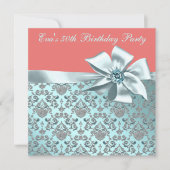 コーラルとティール(緑がかった色)ブルーダマスク50th誕生日パーティー 招待状 (正面)