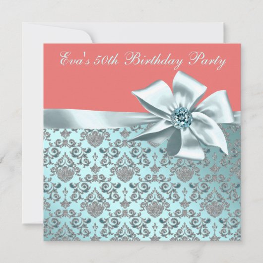 コーラルとティール(緑がかった色)ブルーダマスク50th誕生日パーティー 招待状 (正面)