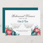 コーラルとティール（緑がかった色）牡丹リハーサルディナー 招待状 (正面/裏面)