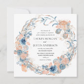 コーラルとネイビーのビーチサマー フラワーのウェディング 招待状 (正面)
