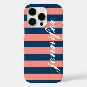 コーラルとネイビーストライプズカスタムスクリプトのモノグラム名 iPhone 16 PROケース