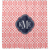 コーラルとネイビートレリスモノグラム シャワーカーテン (正面)