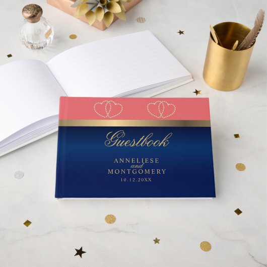 コーラルとネイビーブルーと金ゴールドハート ゲストブック (正面見開き)