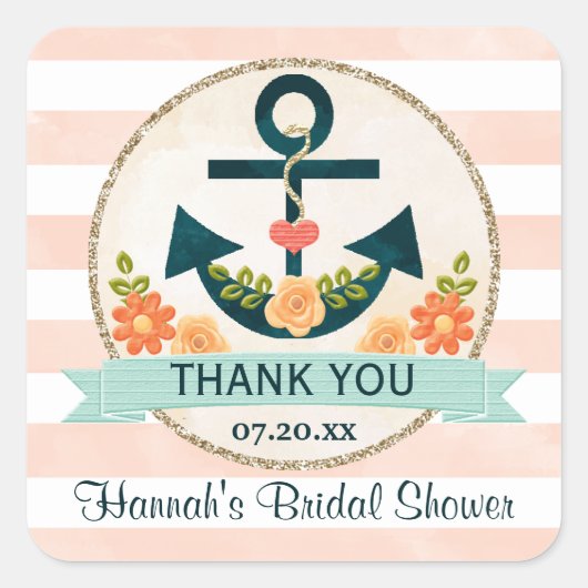 コーラルとネイビー航海のフローラいかりありがとう スクエアシール (正面)